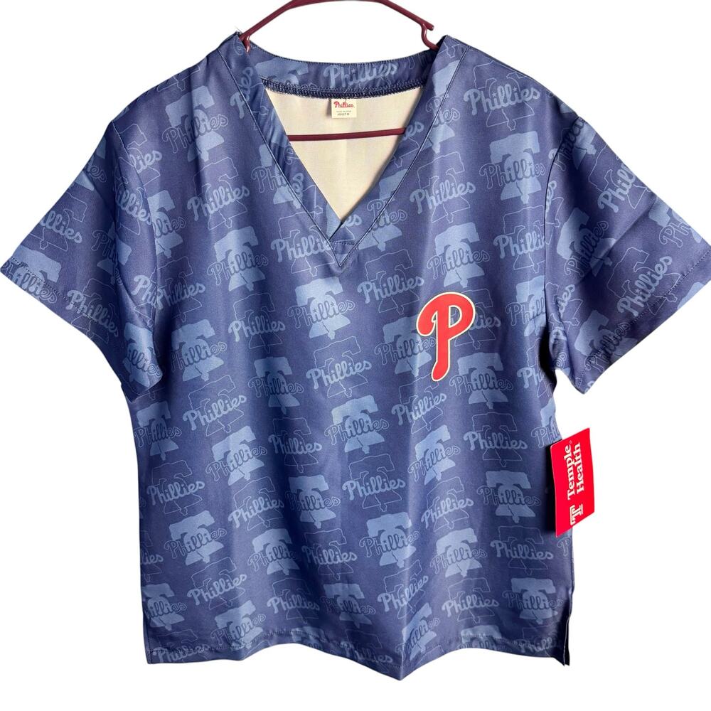 Philadelphia Phillies V-Neck Scrub Top Blue Allover‎ Print Adult Medium NWT